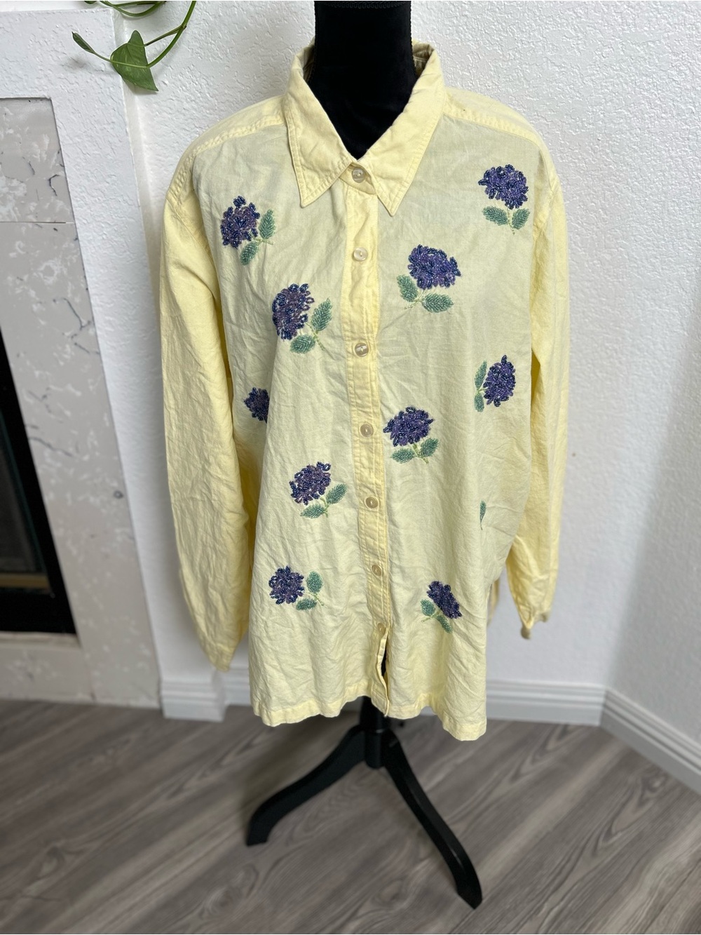 Quacker Factory Pale Yellow Button-Down Shirt with Purple Floral Embroidery